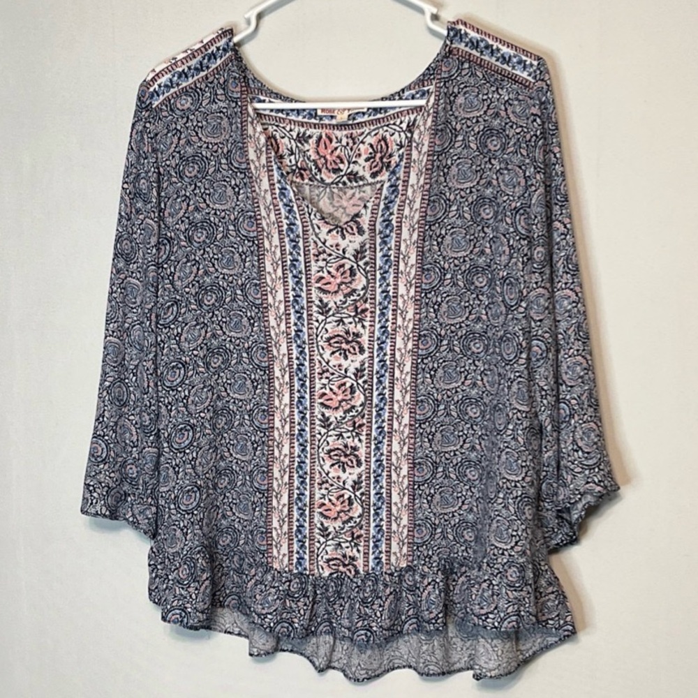 Rose & Thyme Womens L Shirt Multi Colored Floral V-Neck 3/4 Bell Sleeves